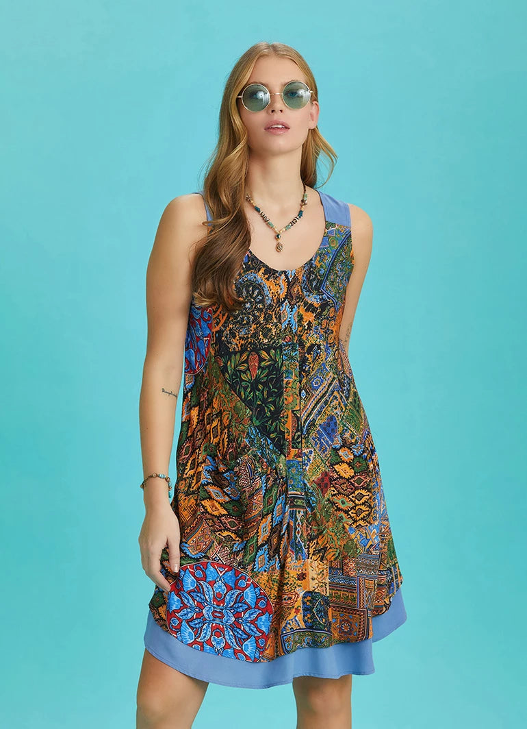 Sleeveless Green Patterned Summer Dress with Front Pockets
