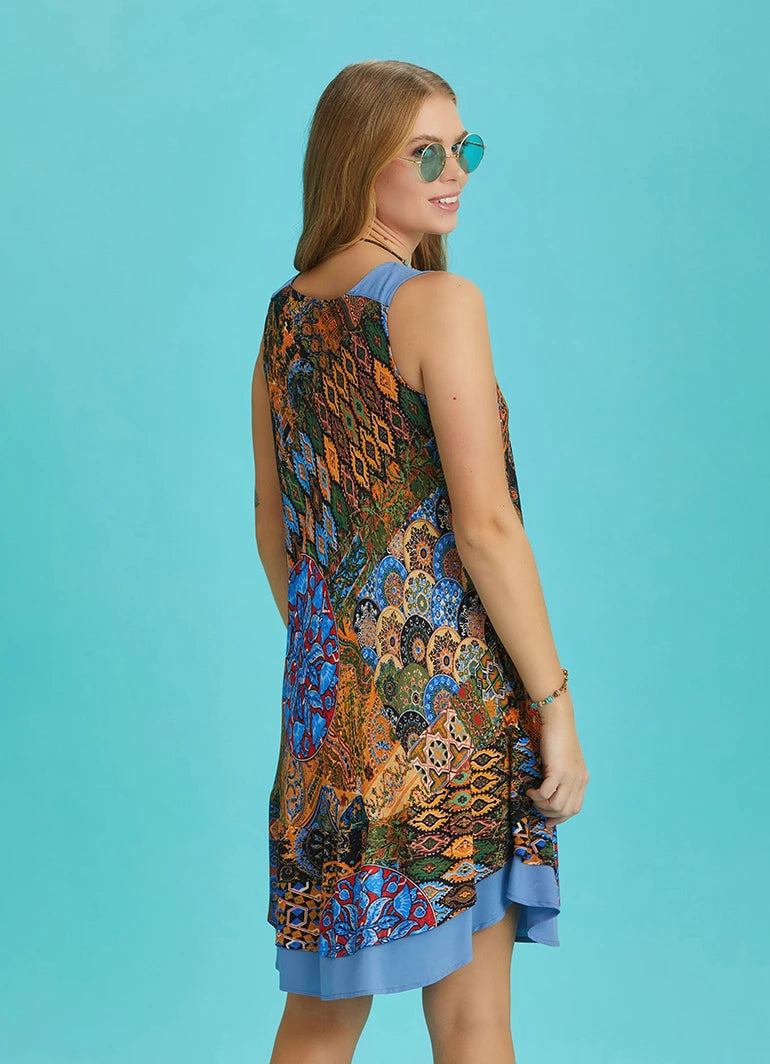 Sleeveless Green Patterned Summer Dress with Front Pockets