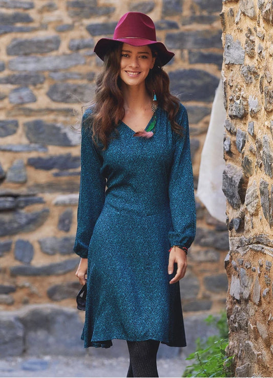 V Neck Sash Tie Midi Flared Turquoise Dress