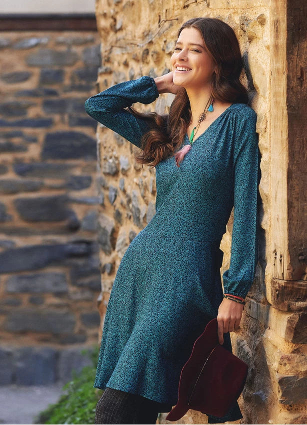 V Neck Sash Tie Midi Flared Turquoise Dress