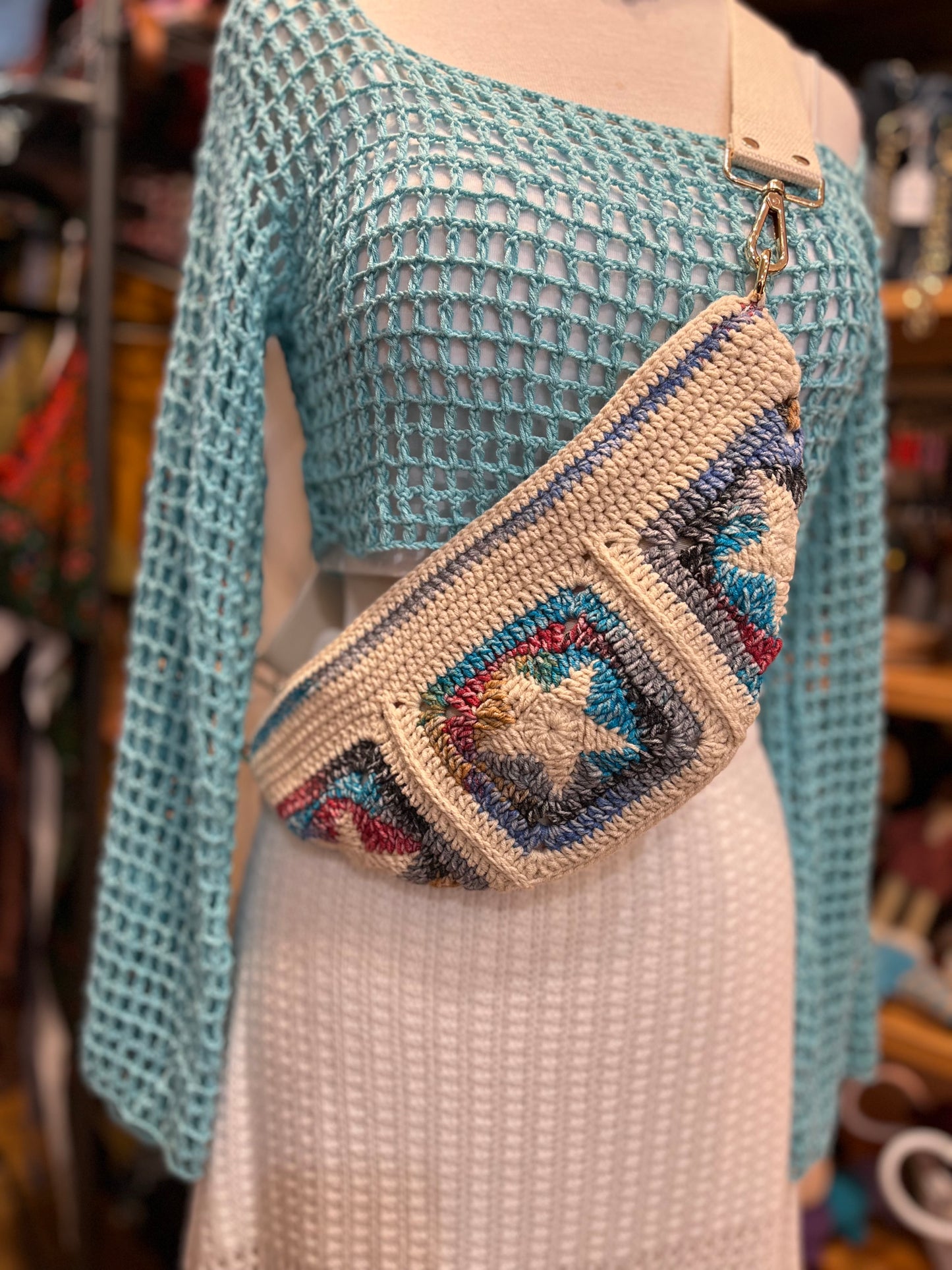 Hand Crochet Crossbody Adjustable Bag Blue Star