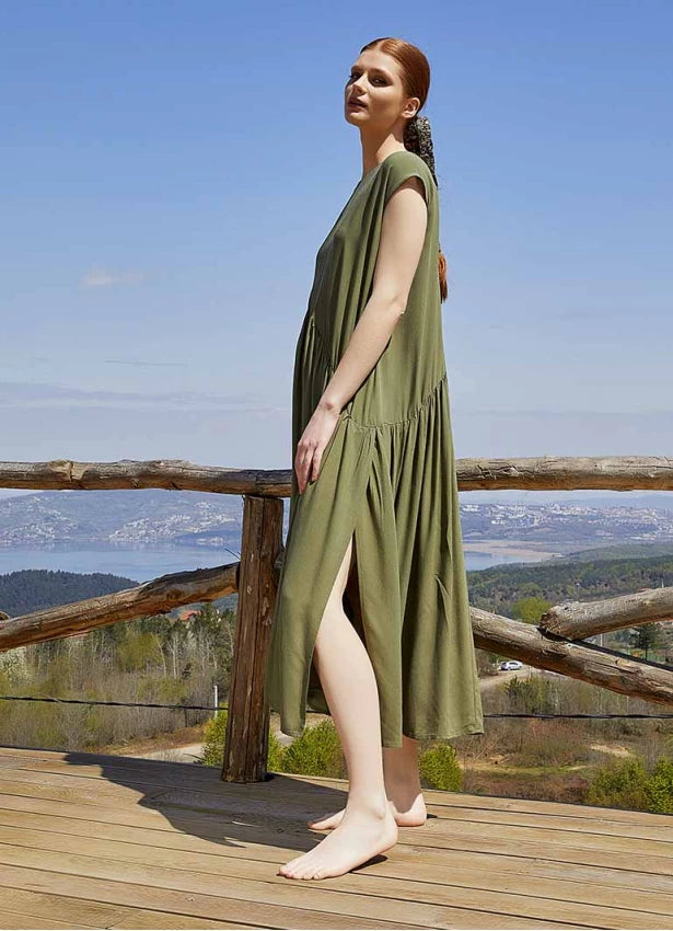 Boho Style Flared Long Slit Khaki Dress