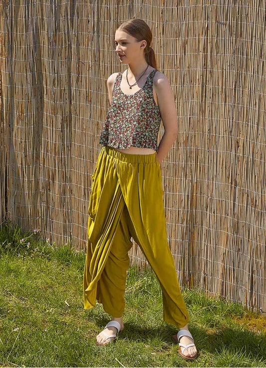 Front Detail Elastic Waist Loose Pants - Green