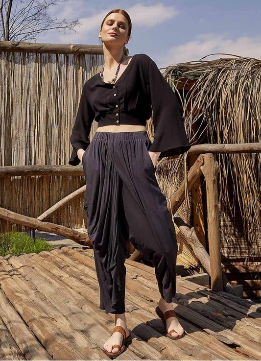 Front Detail Elastic Waist Loose Pants - Black