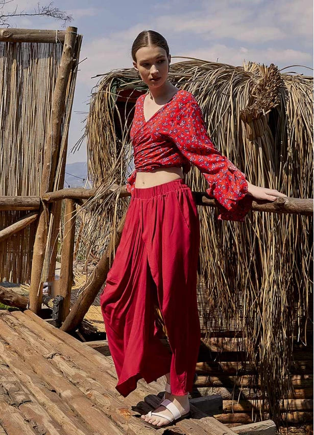 Front Detail Elastic Waist Loose Pants - Red