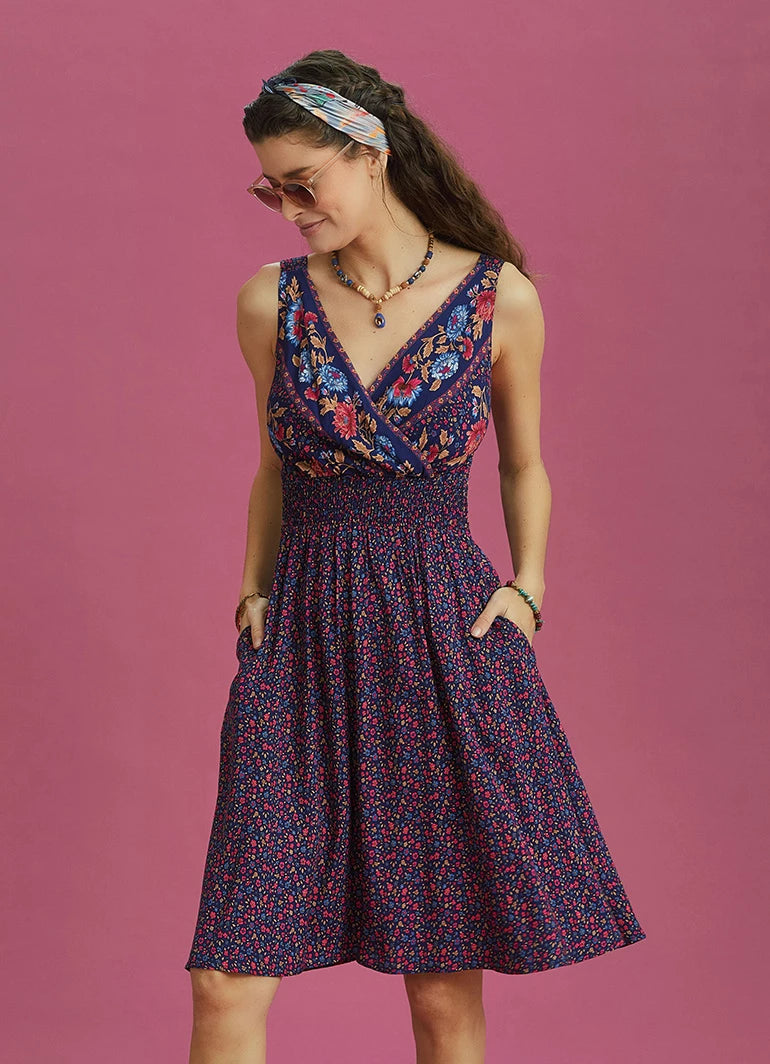Floral Patterned Bohemian Style Double Breasted V-Neck Dress