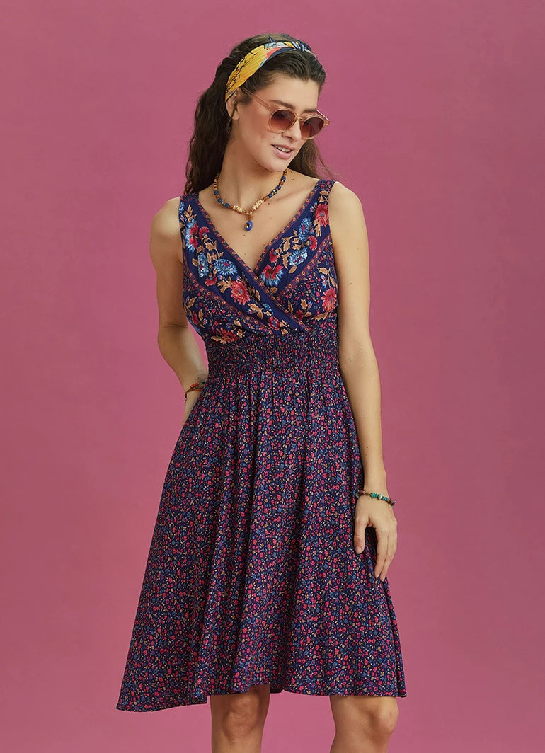 Floral Patterned Bohemian Style Double Breasted V-Neck Dress