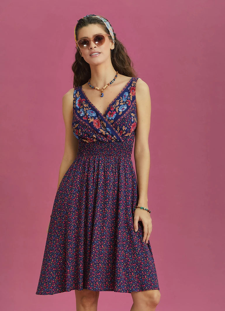 Floral Patterned Bohemian Style Double Breasted V-Neck Dress