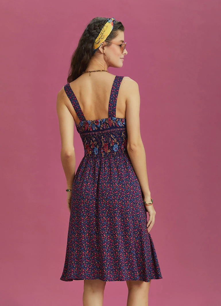 Floral Patterned Bohemian Style Double Breasted V-Neck Dress