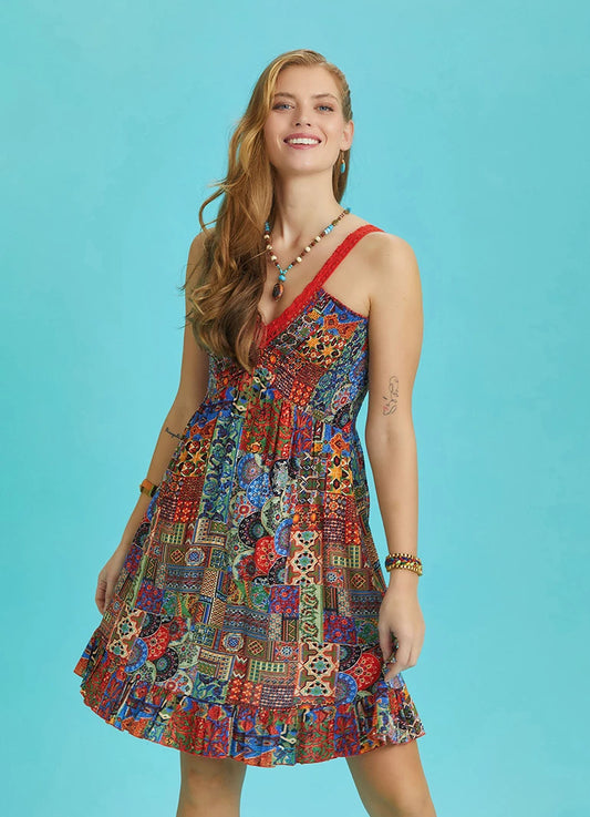 Orange Patterned Summer Dress with Lace Collar Straps