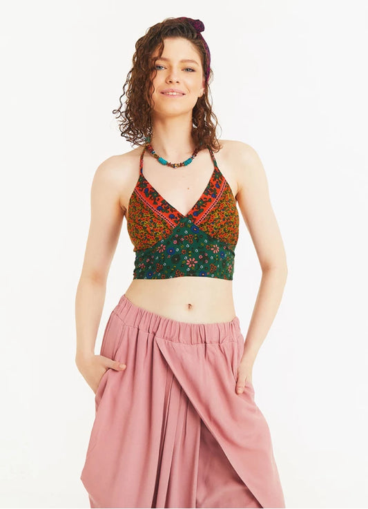 Backless Halter Neck Multi Color Cropped Blouse Green