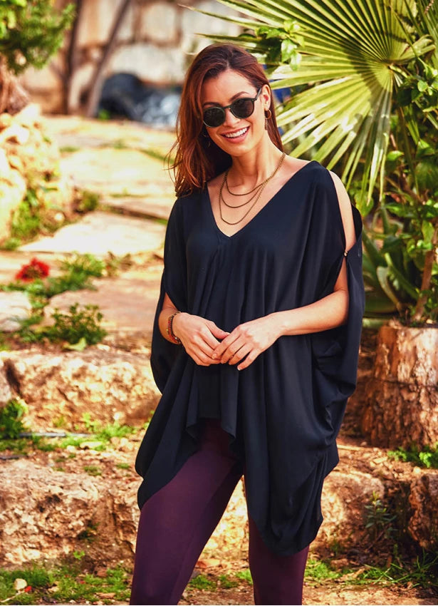 V Neck Open Shoulder Blouse Black