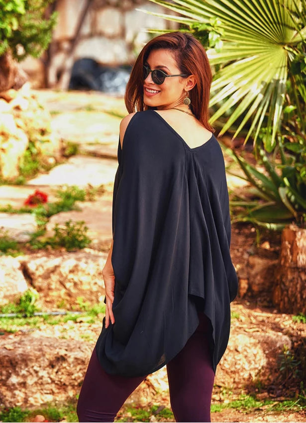 V Neck Open Shoulder Blouse Black