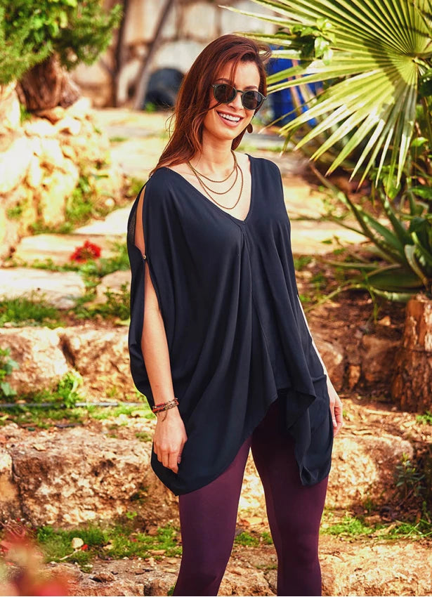 V Neck Open Shoulder Blouse Black