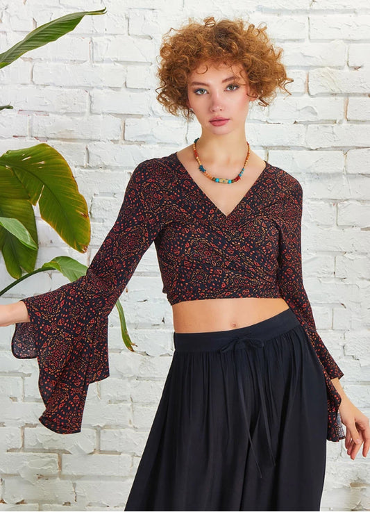 Gypsy Style Bell Sleeve Crop Top - Authentic Partterned