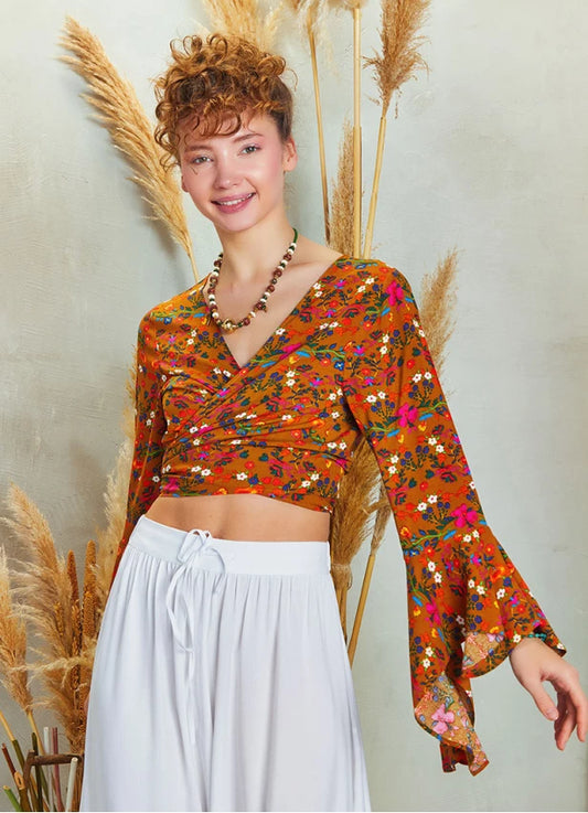 Gypsy Style Bell Sleeve Crop Top - Yellow Flower