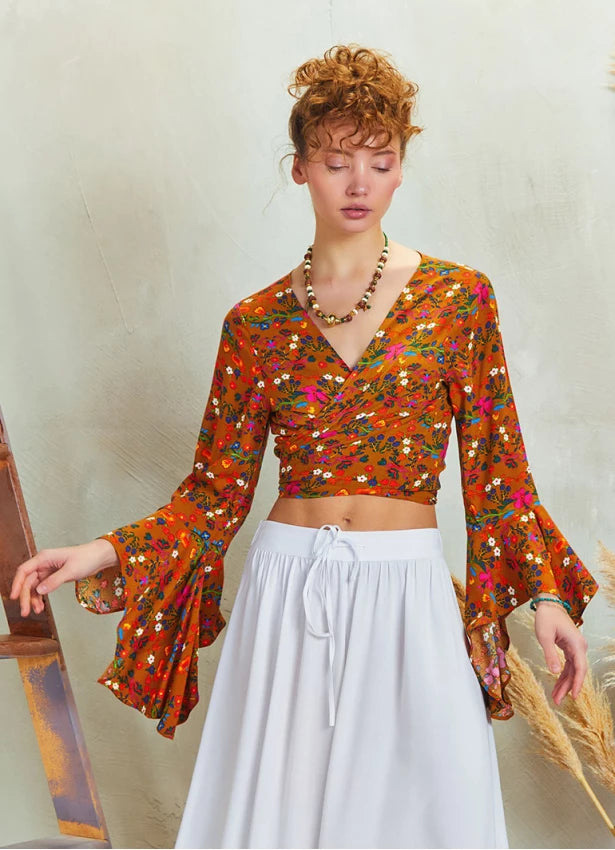 Gypsy Style Bell Sleeve Crop Top - Yellow Flower