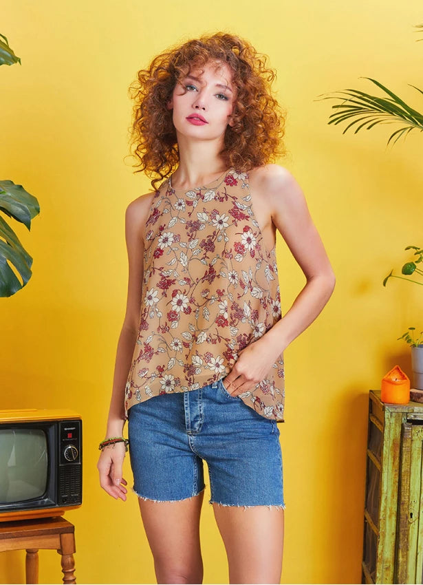 Floral Patterned Sleeveless Bohemian Blouse Brown