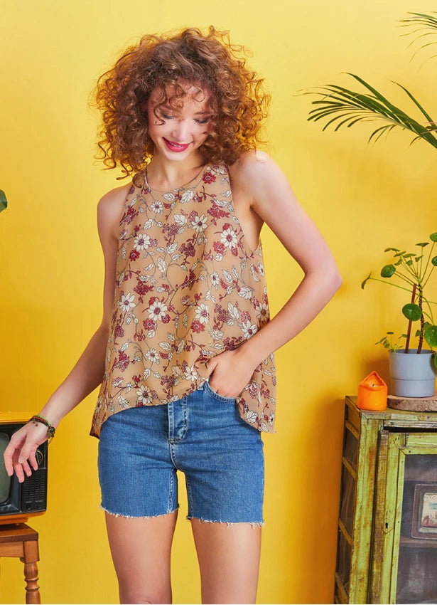 Floral Patterned Sleeveless Bohemian Blouse Brown