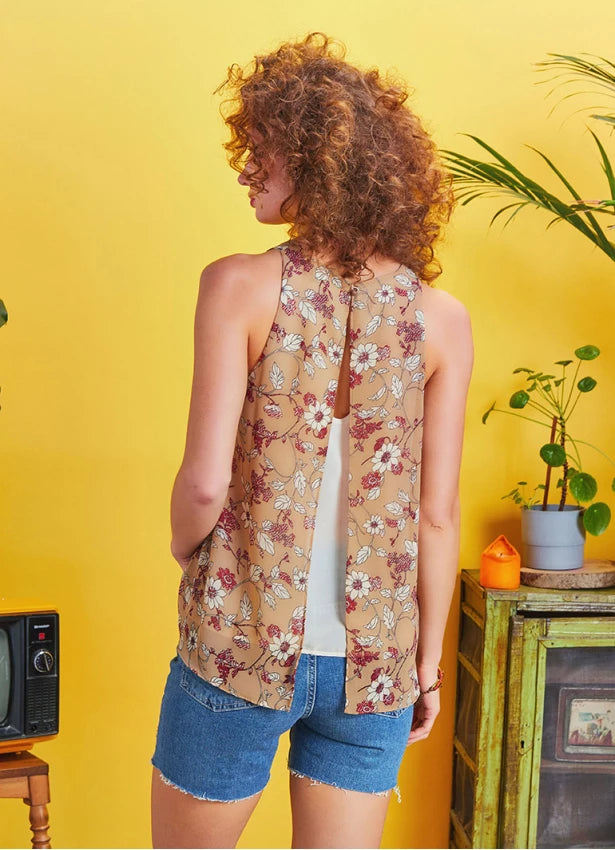 Floral Patterned Sleeveless Bohemian Blouse Brown