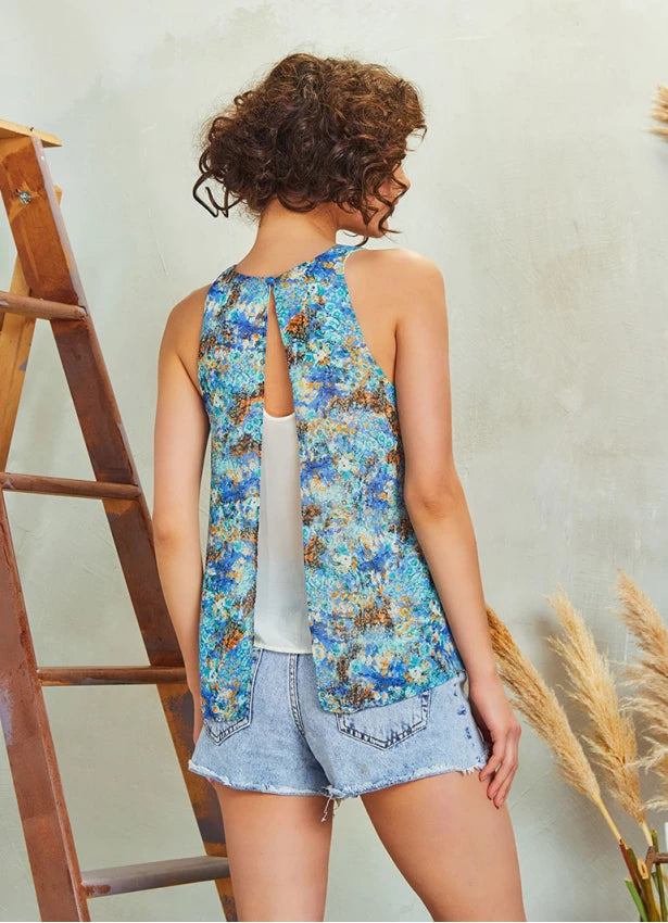 Floral Patterned Sleeveless Bohemian Blouse Light Blue