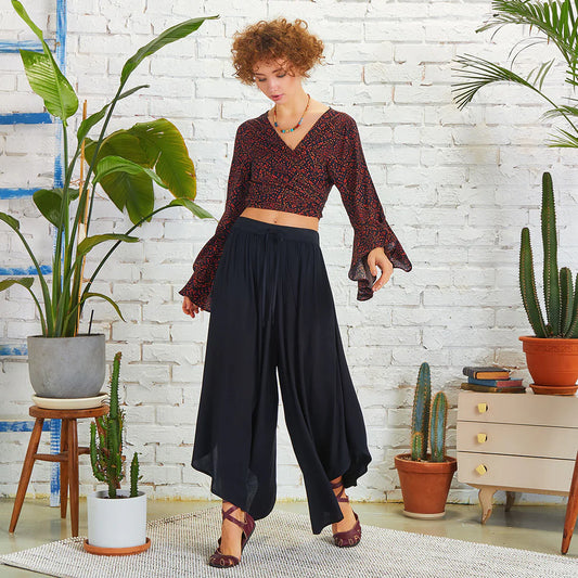 Boho Style Draw String Black Wide Leg Loose Pants