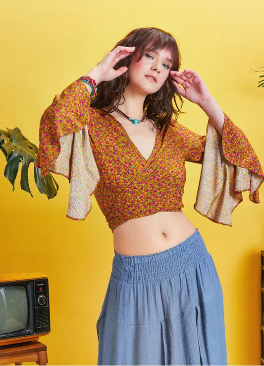 Gypsy Style Bell Sleeve Crop Top - Mustard Pink Flower