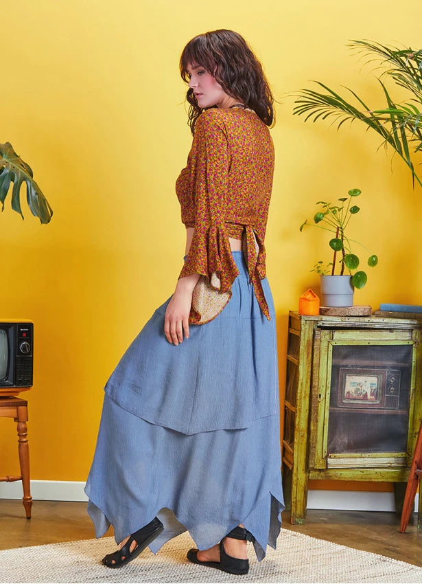 Gypsy Style Bell Sleeve Crop Top - Mustard Pink Flower