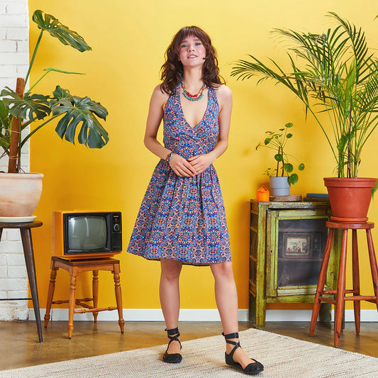 Tie Neck Gathered Waist Bohemian Skater Dress Blue Patterned