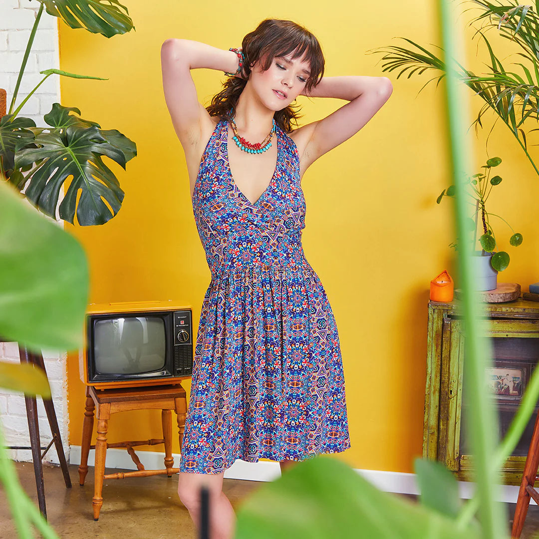 Tie Neck Gathered Waist Bohemian Skater Dress Blue Patterned