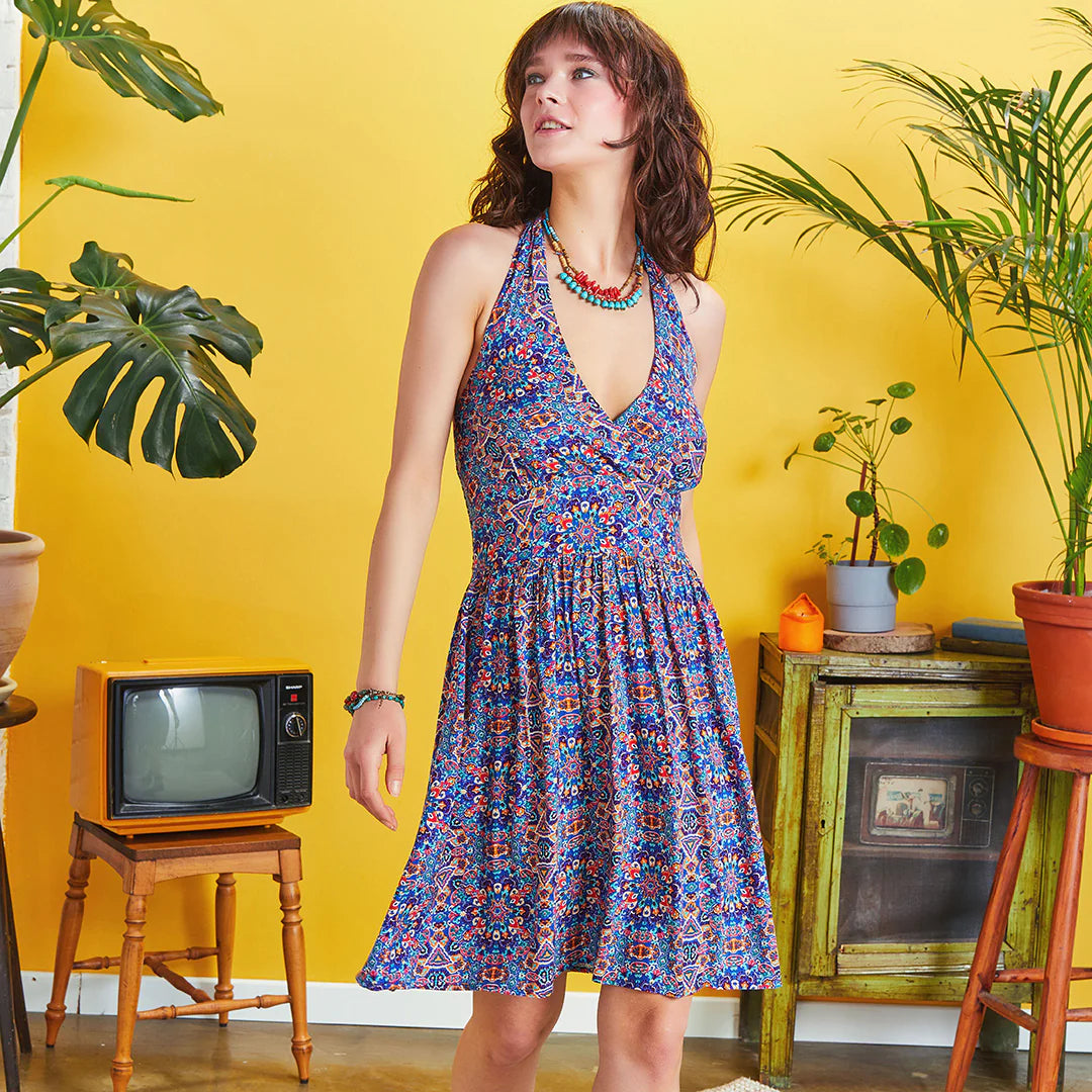 Tie Neck Gathered Waist Bohemian Skater Dress Blue Patterned