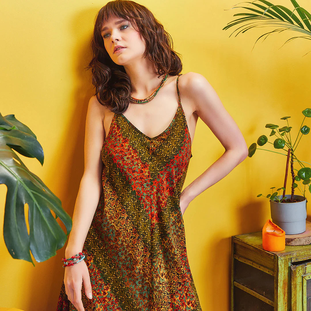Spaghetti Striped Mustard Patterned Sundress