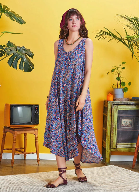 Blue Patterned Scoop Neck Round Hem Sleeveless Dress