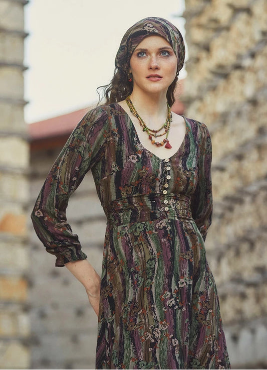 Boho Style Ruffle Sleeve Mink Patterned Dress