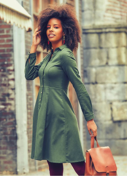 Shirt Collar Long Sleeve Cotton Fit Dress Green