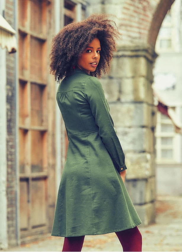Shirt Collar Long Sleeve Cotton Fit Dress Green