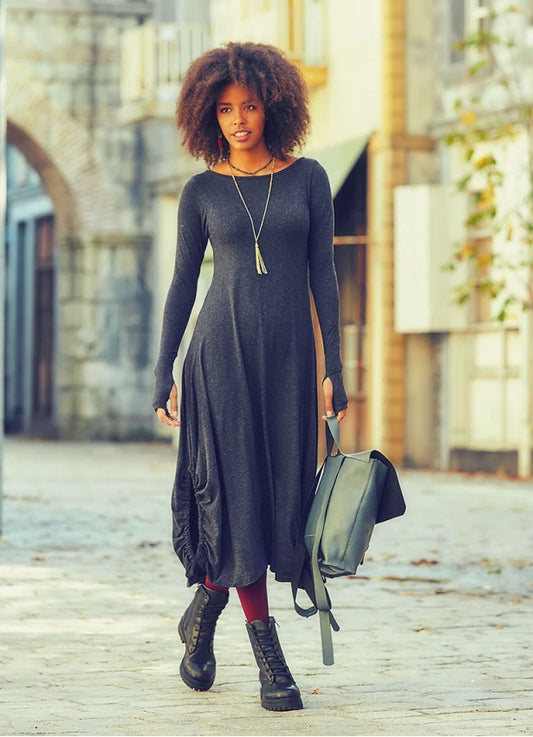 Boat Neckline Thumb Hole Detail Long Sleeve Maxi Dress Dark Grey