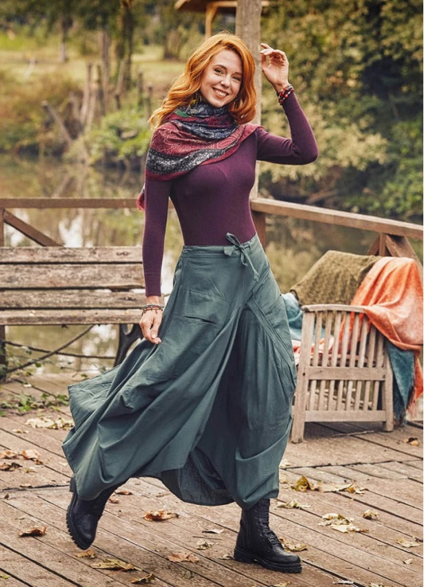 Oversize Pockets Elastic Waist Green Skirt