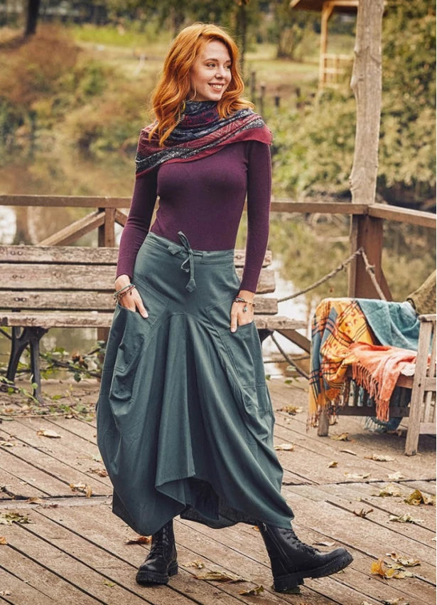 Oversize Pockets Elastic Waist Green Skirt