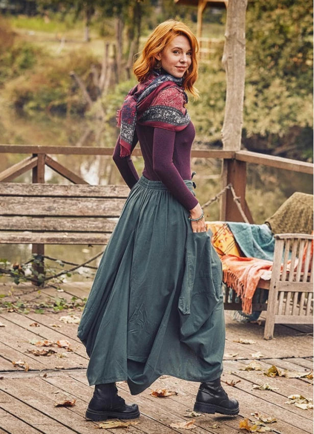 Oversize Pockets Elastic Waist Green Skirt