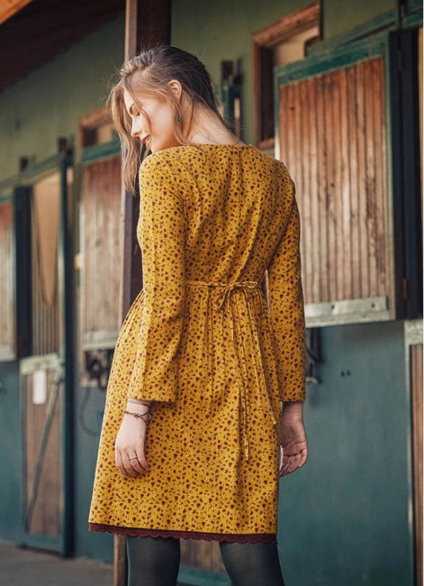 Lace Hem Long Sleeve Floral Mustard Shirt Dress