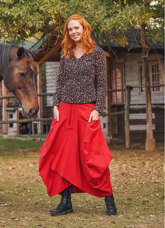 Oversize Pockets Elastic Waist Red Skirt