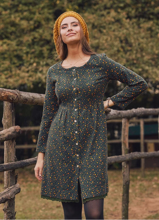 Lace Hem Long Sleeve Floral Green Shirt Dress