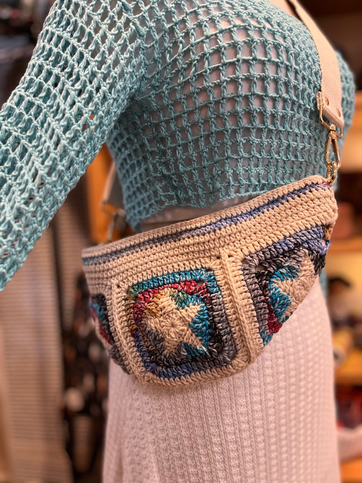 Hand Crochet Crossbody Adjustable Bag Blue Star