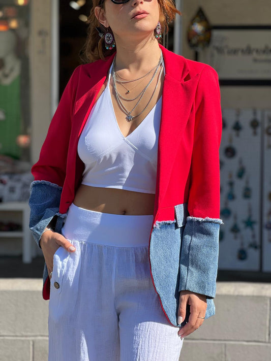 Red Blazer with Denim Detail