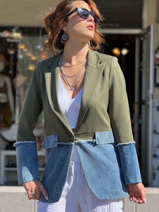 Green Blazer with Denim Detail