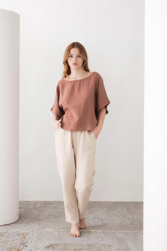 Boat Neck Pure Linen Blouse Mauve Rose