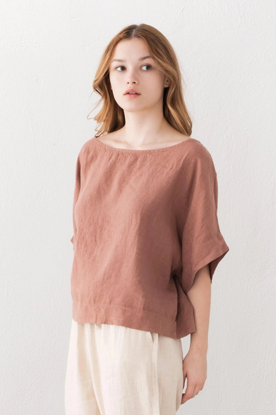 Boat Neck Pure Linen Blouse Mauve Rose