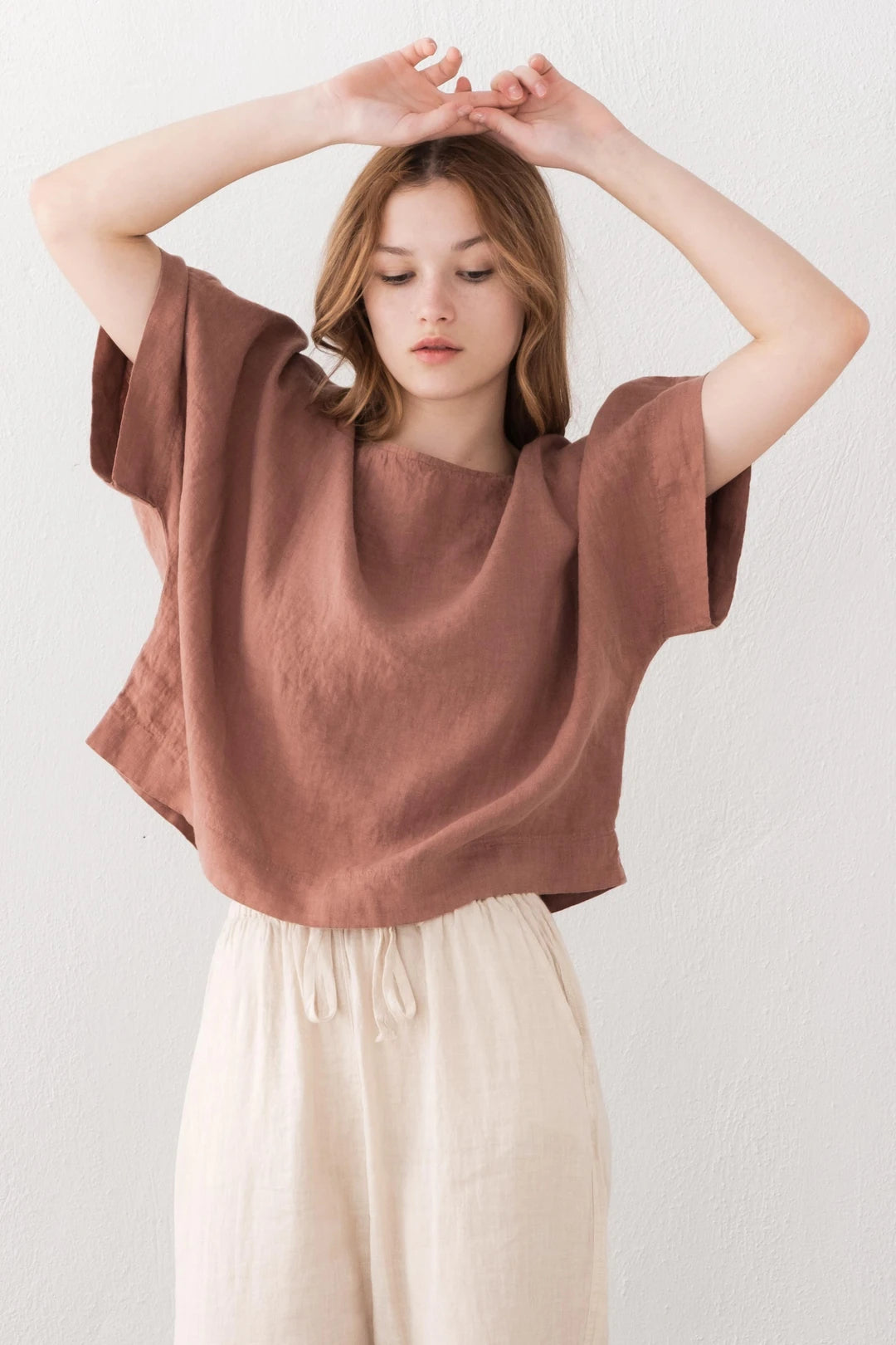 Boat Neck Pure Linen Blouse Mauve Rose