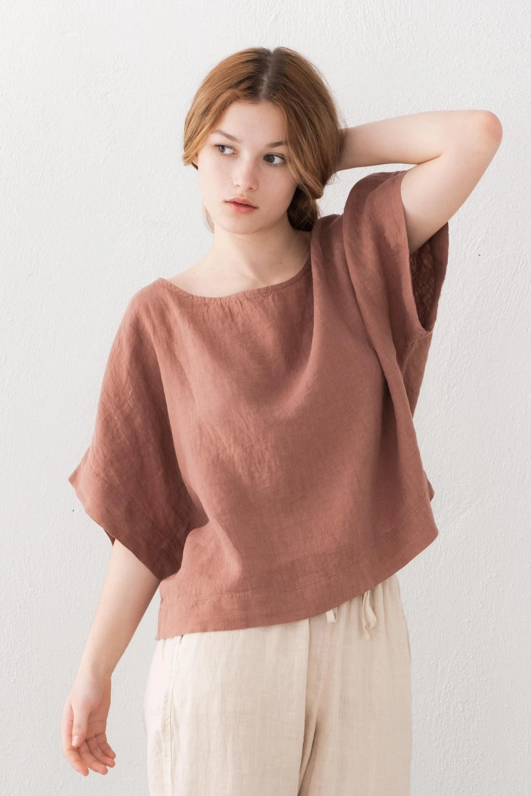Boat Neck Pure Linen Blouse Mauve Rose
